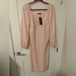 BNWT Boohoo Soft Pink Puff Sleeve Midi Maternity Dress